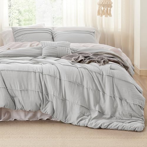 Image of Bedsure Queen Comforter Set - 4 Pieces Pinch Pleat Bed Set, Light Grey Boho Bedding for All Season, 1 Soft Comforter, 2 Pillowcases, 1 Decorative Pillow