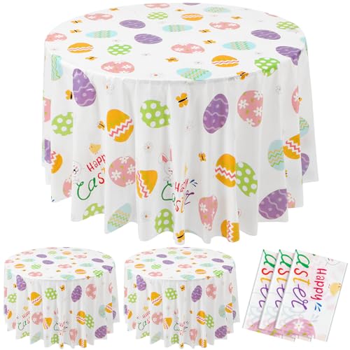 Image of Hahafelt 3 Pcs Spring Easter Plastic Round Tablecloth 84 Inch Colorful Egg Disposable Table Cover Pastel Bunny Flower Watercolor Egg Circular Table Cloth for Spring Easter Birthday Party Decoration