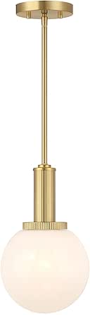 Meridian M7050NB Modern White Strie Glass Pendant, 1-Light 60 Watt, 13" H x 8" W, Natural Brass