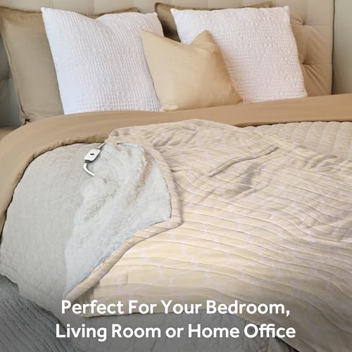 Image of Sunbeam Royal Mink Sherpa Champagne Lattice Heated Personal Throw / Blanket, Cozy-Warm, Adjustable Heat Settings