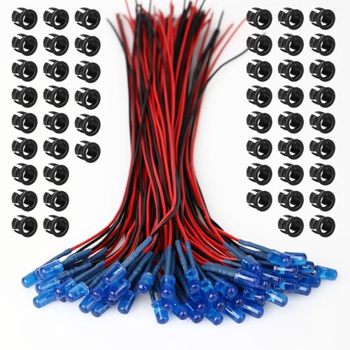 OWOFYDR 50 Pcs 5mm Pre-Wired 9-12V DC Blue LED Diodes Light Emitting Diodes, Micro Mini LED Bulbs with Mounting Rings, Diffused Lens for Automotive Motorcycle DIY Electronic Indicator Lights