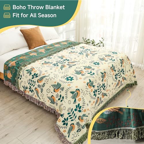 HOORDRY Double-sided Bohemian Cotton Sofa Throws large 3 or 4 seater,Jacquard Woven bedspread 230×250CM(90×98In),Decorative Knitted Bed Throw with Tassels,Light Green/White - Image 4