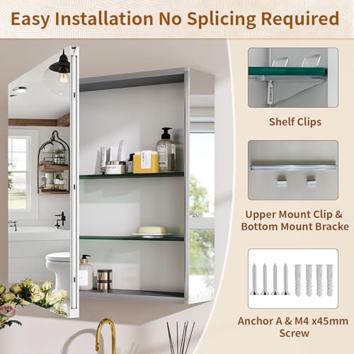 Botiquín para baño BEAUTYPEAK de 20" x 24" con espejo y almacenamiento | Botiquín plateado con puerta única y estantes ajustables para vanidad, vidrio templado, superficie de aluminio, montaje en pared o empotrado miniatura 6