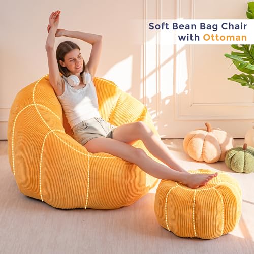 Image of MAXYOYO Giant Bean Bag Chair with Ottoman, Pumpkin-Shaped Bean Bag Sofa with Footstool, Oversized Boneless Couch Chair in a Box, Comfy and Lazy Lounge for Dorm, Living Room, Bedroom, Orange