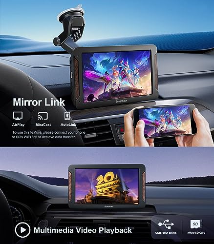 Portable 7\" Wireless Apple CarPlay Screen for Cars,Android Auto,Car Radio Stereo with Bluetooth Audio/GPS Navigation/Mirror Link/AUX Out/USB/FM,Car Audio Receivers