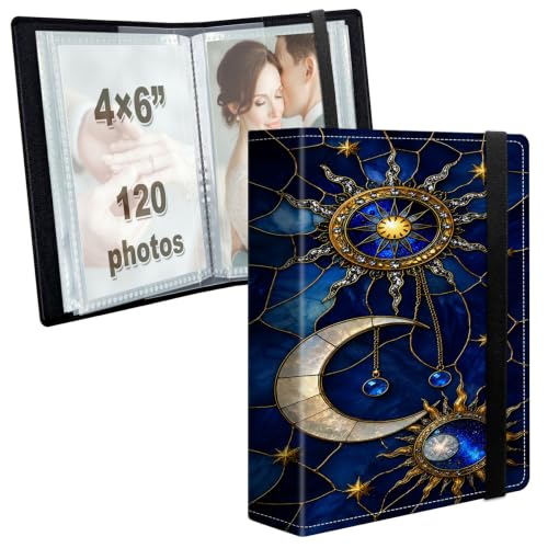Image of Photo Album 4x6 120 Photos with Strong Elastic Band, Stained Glass Moon | Large Capacity Premium Leather Picture Album, Portable Wallet Albums Photo Book for Family Anniversaries Wedding Baby