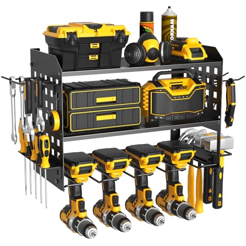 Image of SUNALLY Power Tool Organizer, Heavy Duty Wall Mount Tool Organizer 3 Layers with 4 Drill Holders, Garage Tools Storage Rack with 2 Side Pegboards and Hooks for Workshop, Shed, Black