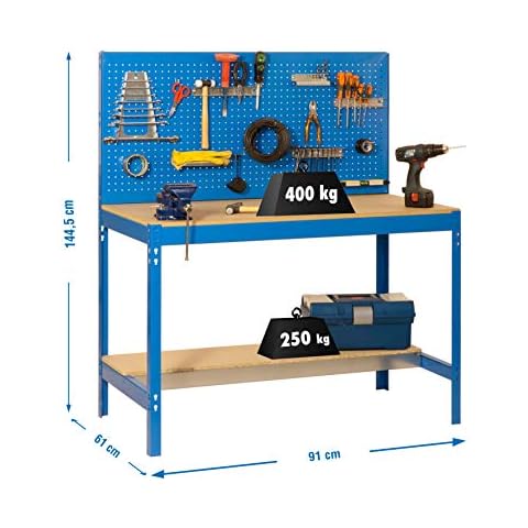 SimonRack Banco de Trabajo con Estantes y Panel Perforado Azul/Madera 900 mm Cover