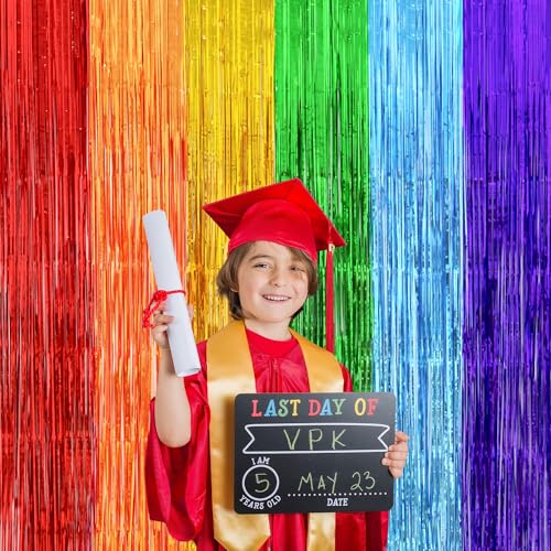 Image of Rainbow Party Decorations, Thicken 2 Pack 3.2 x 8.2 FT Pride Decorations Streamers Foil Fringe Backdrop Curtains for Kindergarten Preschool Graduation Decorations