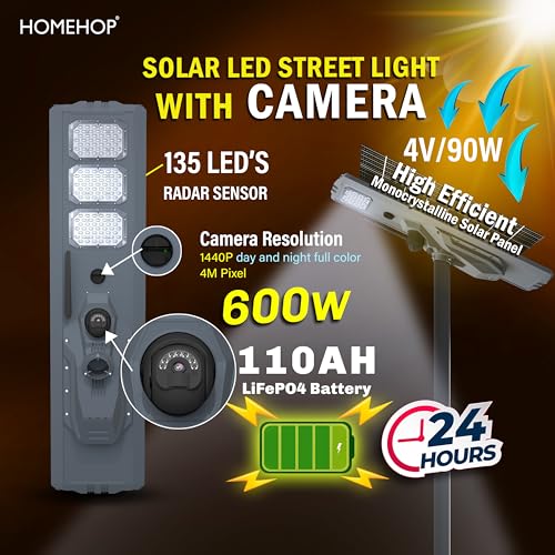 Image of Homehop Solar Light Outdoor Home Garden Street 600W Wireless Night LED Lamp | Solar Street Light Outdoor Automatic Waterproof Motion Sensor with Security Camera (110000mAh, Aluminium Alloy, Cool White)