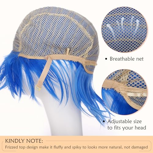 Image of S-noilite Blue Joy Wig Short Pixie Cosplay Wigs With Bangs Fluffy Heat Resistant Synthetic Hair Wigs for Halloween Anime Party Unisex Men Womens Costume Wig