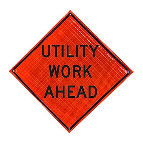 Eastern Metal Signs and Safety 48 x 48 Inch Super Bright Reflective Roll Up Utility Work Ahead Fluorescent Orange Warning Sign with Fiberglass Batons Cover