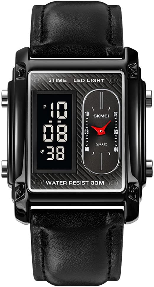 Gosasa Creative Mens Watches 3 Time Display Quartz Digital Waterproof Chrono Alarm LED Wristwatch Stainless Steel Leather