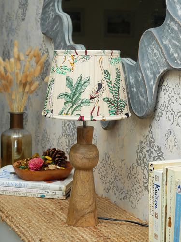 Image of Green Girgit Wooden Skirt Brown Table Lamp with Pleeted Multicolor Green Shade, Bedside Night Lamp with Printed Shade, Modern LED Lighting, E27 Bulb Compatible, Corded Electric, 6.5X9X18 inches