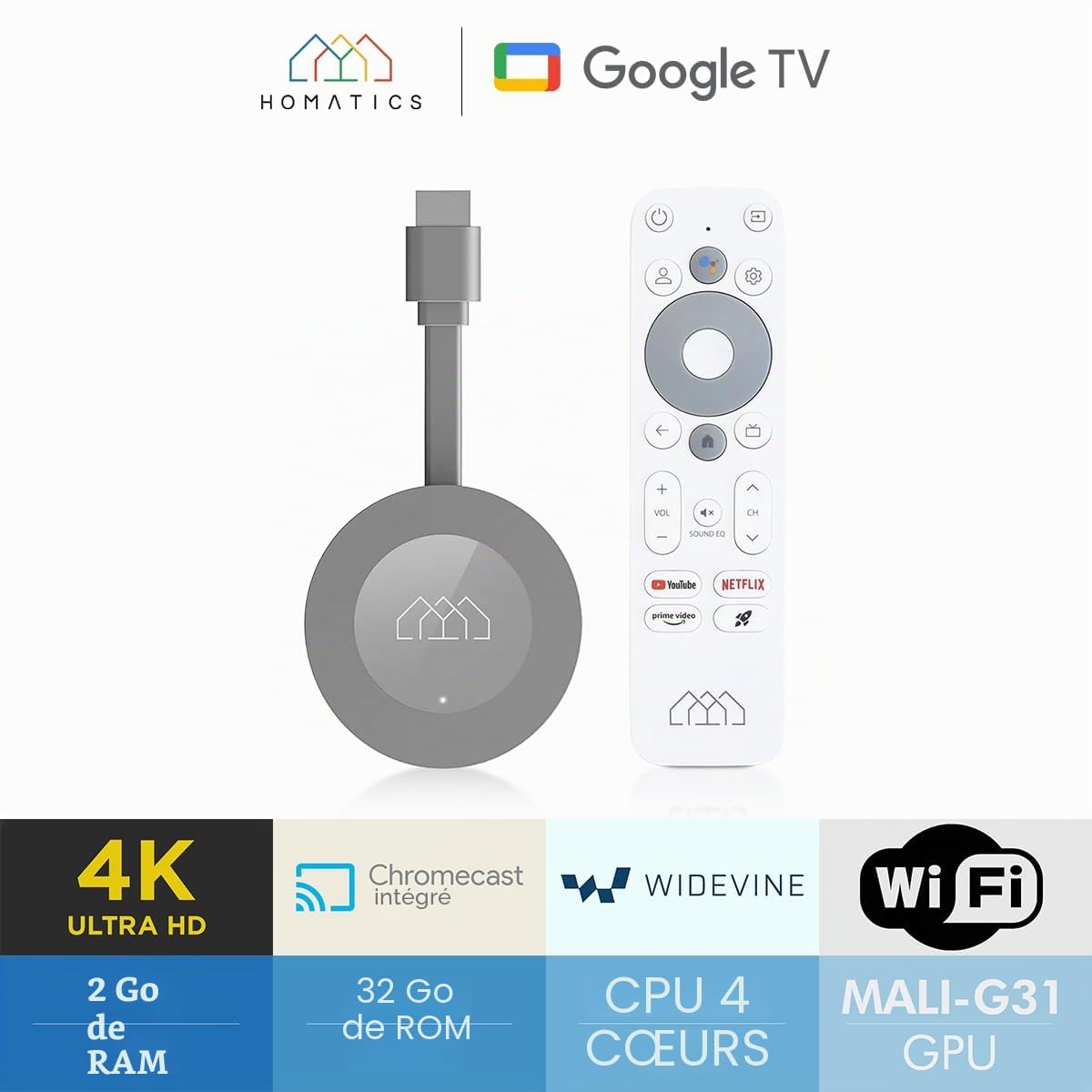 [Test très bien, note 1.1*] Homatics Dongle G 4K | Certifié pour Netflix & Google TV | Clé TV WiFi LAN Chromecast intégrée avec Google Assistant Télécommande vocale pour téléviseur et Smart TV