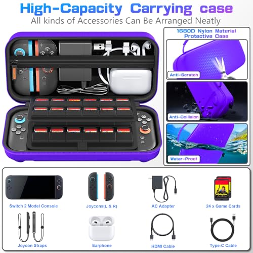 Image of daydayup Switch Carrying Case Compatible with Nintendo Switch 2, with 24 Games Cartridges Protective Hard Shell Travel Carrying Pouch DS Case Purple