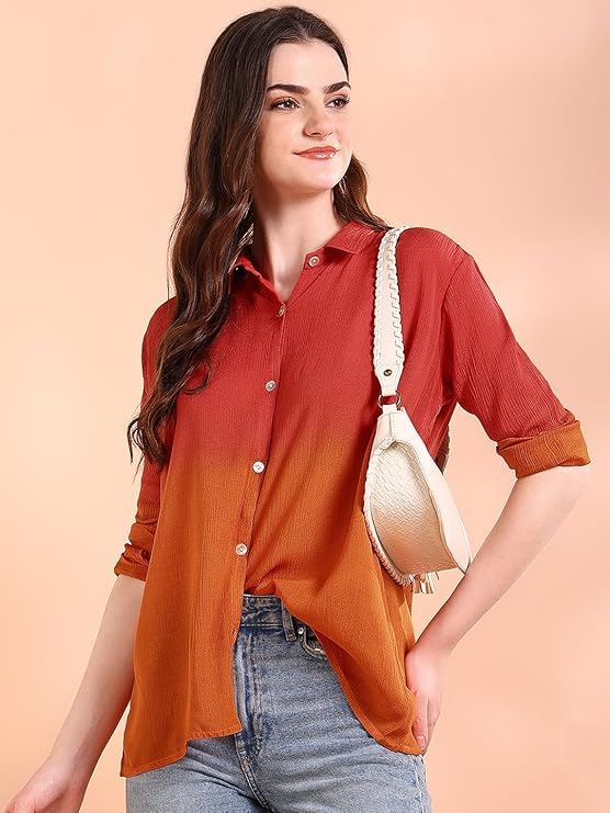 Image of Maaesa Women Handmade Ombre Tie & Dye Rayon Shirt | Relaxed Fit | Lightweight & Breathable | Long Sleeve Button-Down | Classic Collar | Casual & Office Wear