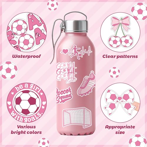 Image of Pink Soccer Stickers Roll - 16 Designs Premium Waterproof Vinyl Football Self Adhesive Decals for Girls Women Team Water Bottle Laptop Scrapbook Party Favors Gift