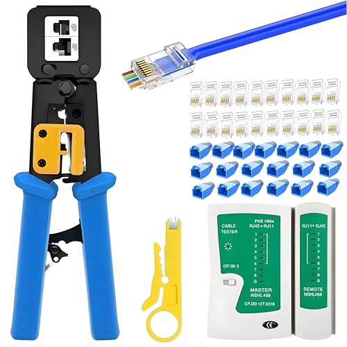 Image of COOLCOLD Crimping Tool RJ45 | Tools Kit, Wire Cutter, Pass Through Cat5 Cat5e Cat6 Professional Heavy Duty Crimping tool with Lan Cable Tester, 20pc Cat6 Pass Through Connector, 20pc Boot, Wire Cutter