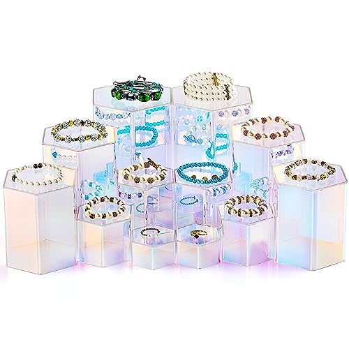 Image of Jetec 12 Pcs Hexagonal Jewelry Display Risers Hexagonal Market Display Risers Stands Acrylic Showcase Acrylic Stand for Jewelry Model Figures Decoration, 6 Sizes (Rainbow Color)