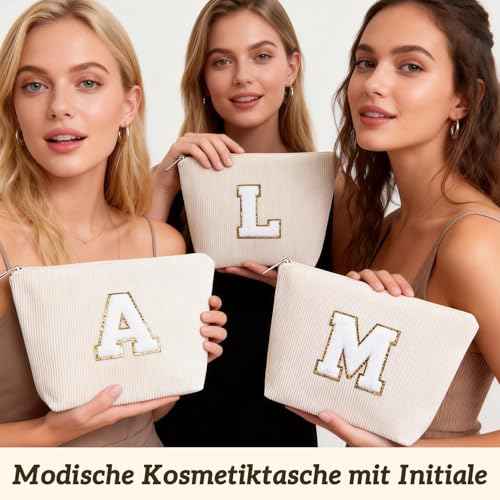 Giftota 2 Stück Personalisierte Kosmetiktasche Damen Cord Schminktasche, A–Z Make up Tasche mit Buchstaben, Kulturtasche für Reisen, Geschenk für Frauen Mädchen, Geburtstagsgeschenk für Frauen Mama L