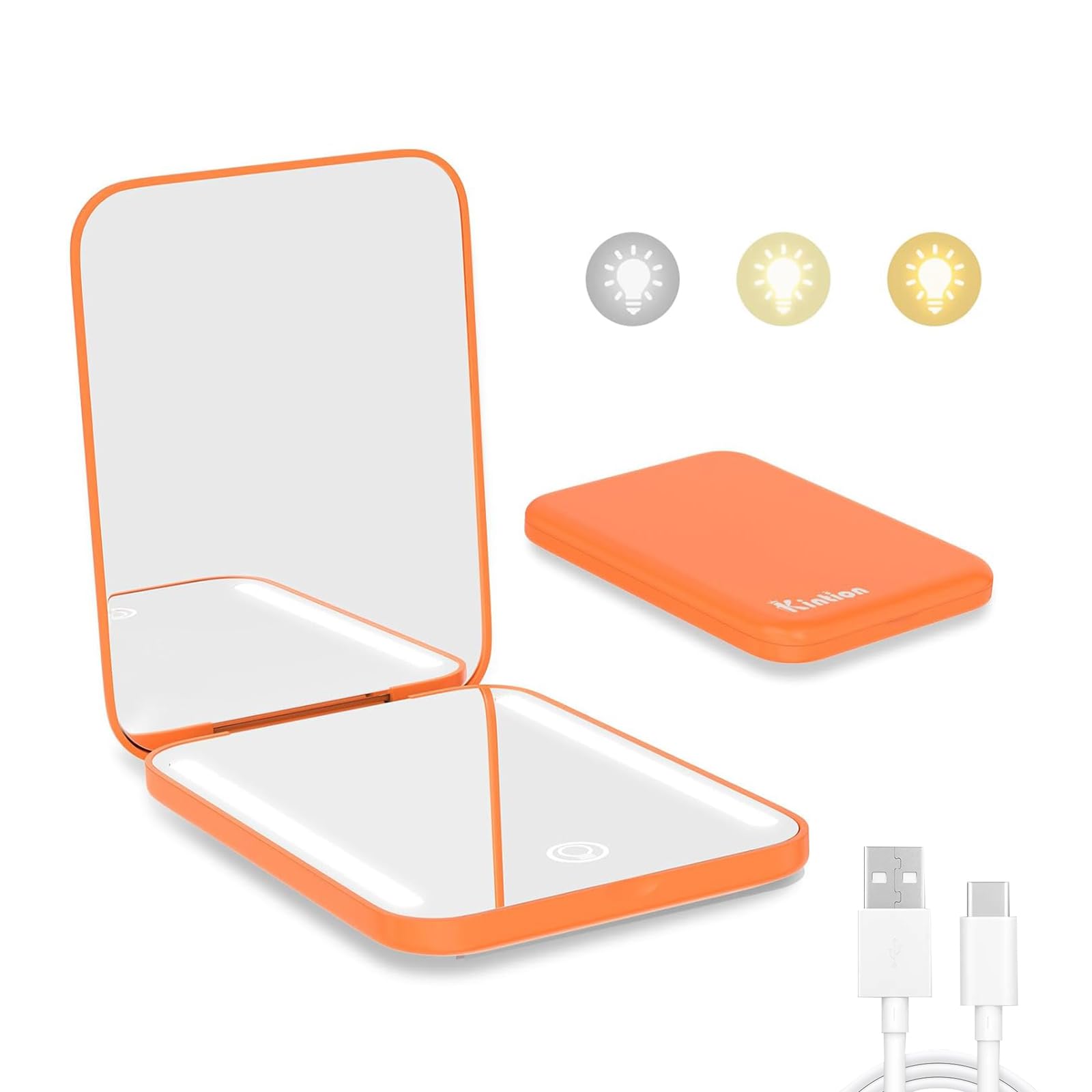 Kintion Wiederaufladbarer Taschenspiegel, LED Kompakt Reise Make up Spiegel, 3 Farbtemperaturen, Dimmbar, Tragbarer Kompaktspiegel, Kleine Handtaschenspiegel für Frauen als Geschenk, Orange