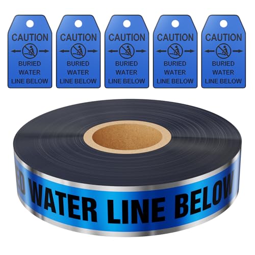 1000 Feet Caution Water Line Below Blue/Black Print Safety Tape with Above-Ground Caution Tag...