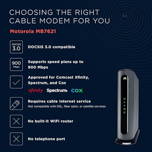 Motorola Mb7621 Cable Modem | Pairs With Any Wifi Router | Approved By Comcast Xfinity, Cox, And Spectrum | For Cable Plans Up To 900 Mbps | Docsis 3.0 #TOP7