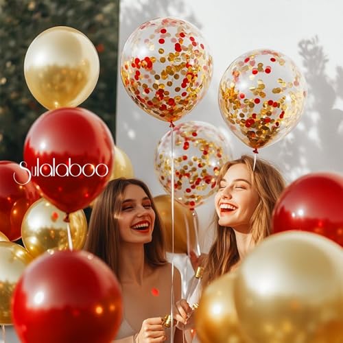 Image of Metallic Red and Gold Balloons 12Inch 73PCS Gold Red Confetti Latex Balloons Shiny Helium Balloon Set for Birthday Anniversary Graduation Party Decorations