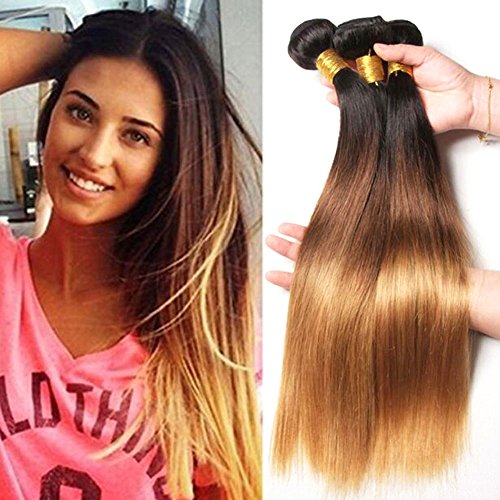 Hairitory Ombre Human Hair Bundles 100% Unprocessed Virgin 3 Tone Hair Bundles Weave So Soft No Smell (18"20"22" 1b/4/27)