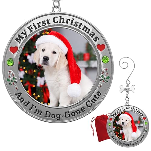Adorno de Navidad con foto de cachorro 2024 – My First Christmas and I'm Dog-Gone Cute – Decoración de árbol con detalles de joya verde con dije de hueso – Gancho en S – Bolsa de regalo/almacenamiento