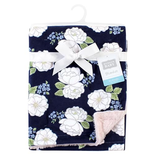 Image of Hudson Baby Unisex Baby Plush Blanket with Furry Binding and Back, White Peonies, One Size (Pack of 2)
