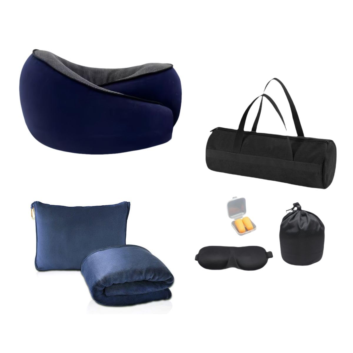 Poduszka podróżna – ergonomiczna poduszka pod kark z pianki z pamięcią kształtu do podróży, kompaktowa i regulowana, z maską na oczy, zatyczkami do uszu, kocem, torbą do przechowywania i przenoszenia