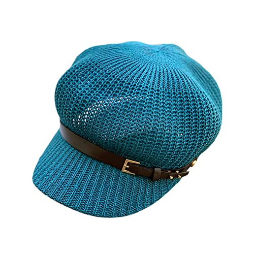 Newsboy Cap Summer Women Knit Mesh Breathable Baker Boy Painter Hat Adjustable Belt Pure Color Shade Beret Hat Blue #TOP20