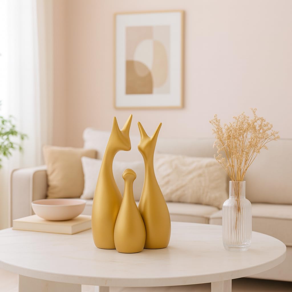 LADROX Muted Metallic Matte Gold Home Decor Lucky Deer Family Ceramic Figurine | Launched for The First time in India - (Set of 3, Gold)