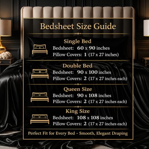 Image of SOFT SOULS Satin Bedsheet with Pillow Covers for Couples, Valentine's Day, Girlfriend, Boyfriend, Husband, Wife, or a Romantic Wedding First Night (Black, King Bedsheet)