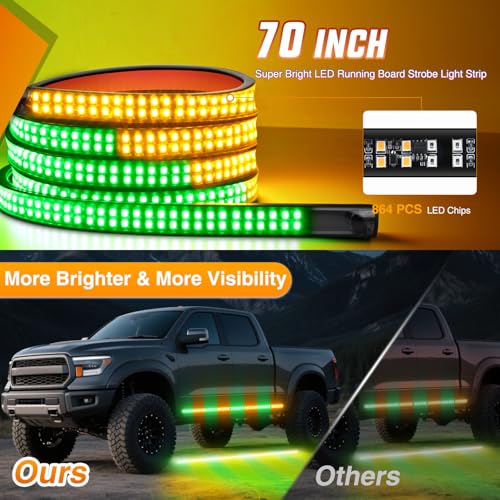 Image of Nilight 2PCS 70 Inch Emergency Strobe Light Strip with Controller 864 LED Amber Green Running Board Lights Flexible Side Flashing Warning Caution Safety Waterproof for Truck Construction Pickup