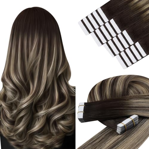 Image of YoungSee Dark Brown Tape in Hair Extensions, Balayage Tape Hair Extensions Real Human Hair, Dark Brown Roots Ombre Ash Blonde, Hair Extension Tape in Ombre, for Short Hair, 12 Inch 20pcs 30g