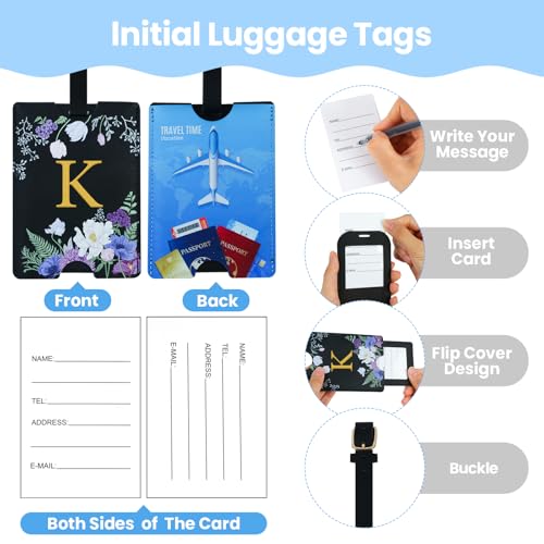 2 Pack PU Leahter Luggage Tags with PU Leather Straps, Fun Travel case Labels, Privacy-Protected ID Card Holders, Allowing for Quick Identification of Luggage and Easy locating of Your Bags (K)2