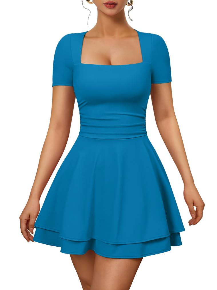 XXTAXN Womens Sexy Square Neck Short Sleeve Flowy Club Mini Dress | Ruched Tiered, Ruffle Hem,Party Cocktail Birthday,Graduation Homecoming,Wedding Guest.Vacation Valentines Halloween, Church