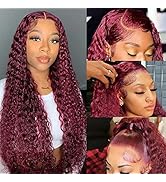 MAXTASK Burgundy Lace Front Wigs Human Hair Pre Plucked Deep Wave Wig 99J 13x4 HD Lace Frontal Wi...