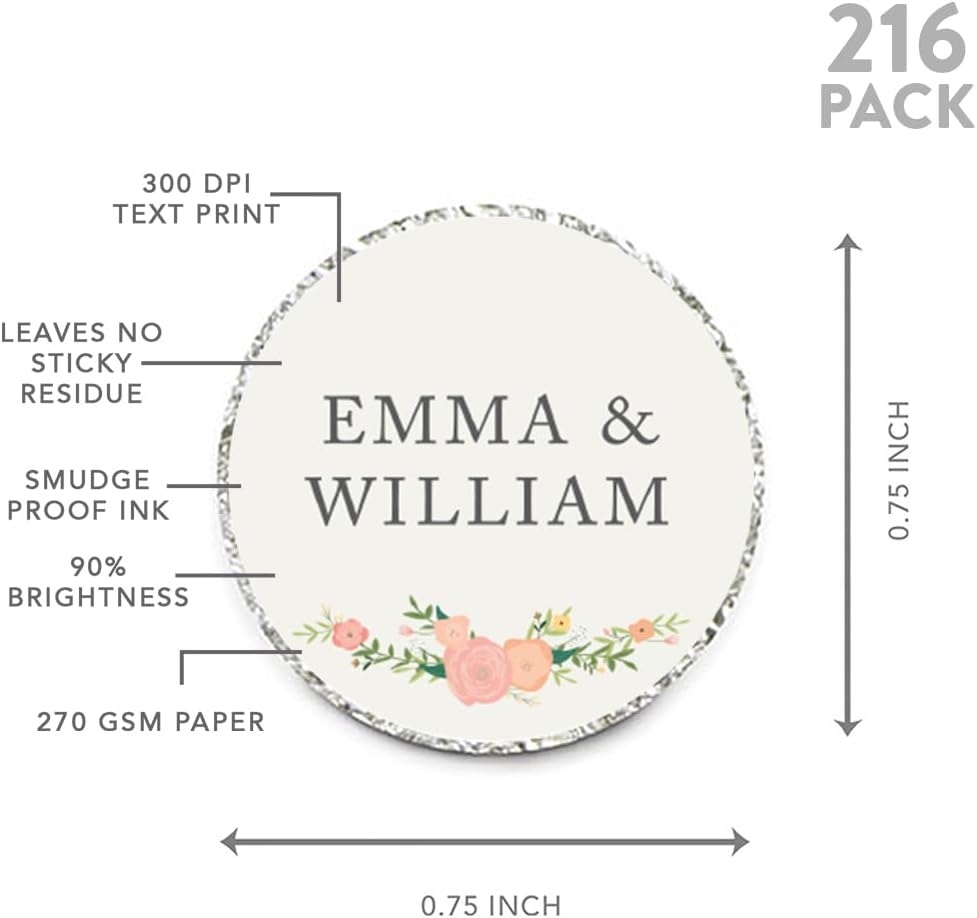 Andaz Press Personalized Wedding Chocolate Drop Label Stickers, Hugs and Kisses, Floral Roses, 216-Pack, for Engagement Bridal Shower Kisses Party Favors