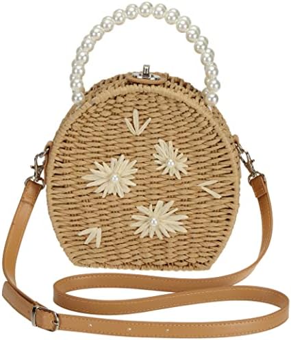 TaiGuri Women's Handmade Straw Artificial Pearl Handle Flower Woven Purse Handbag Tote Bag Khaki