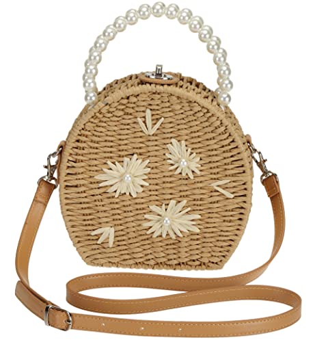 Taiguri Women's Handmade Straw Artificial Pearl Handle Flower Woven Purse Handbag Tote Bag Khaki #TOP23