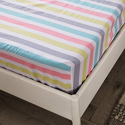 Image of 100% Soft Cotton Fitted Sheet Twin Size Deep Pocket Colorful Striped Wrinkle Free,1 Piece Cooling Bed Sheet Comfortable Kids Gingham Bedding Collection Twin Bed Sheet,Rainbow Sheet Twin