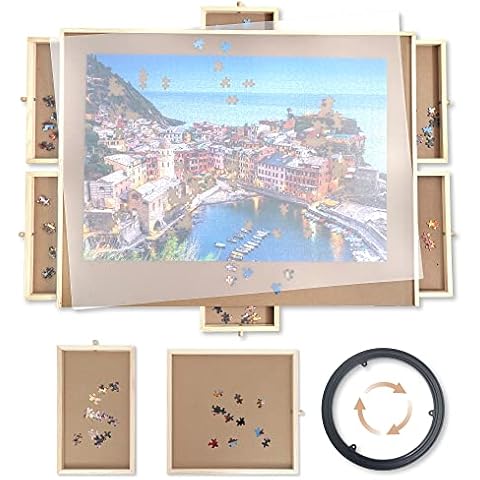 WOOD CITY Puzzle Board, 1000 Piece Wooden Jigsaw Puzzle Board with Drawers, 30” x 22” Portable Puzzle Table with Covers and Lazy Susan, Rotating Jigsaw Puzzle Table for Kids and Adults (1500PCS) Cover
