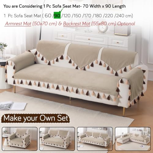 Image of HOKIPO Premium Holland Velvet Sofa Cover with Tassel for 1 /2 /3 Seater & L Shape Sofa | Make Your Own Set, 'TasselTone Series' Sofa Mat, 70(W) x 90(L) cm, Sand Beige (NEW-IN-1105-BGE)