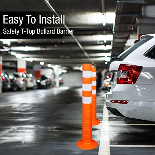 Image of LADWA Spring Post Barrier (Pack of 10) - 750mm Flexible Plastic Bollards with 3 Reflective White Tapes | T-Top Design for Traffic Safety, Parking, Construction Zones - High-Grade Orange Polymer
