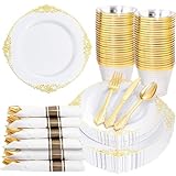 Nervure 175PCS Gold Plastic Plates - Disposable White Gold Party Plates & Pre Rolled Napkins with Cutlery for 25 Guests, 50Plates, 75Silverware, 25Cups, 25Napkin for Wedding & Party & Independence Day