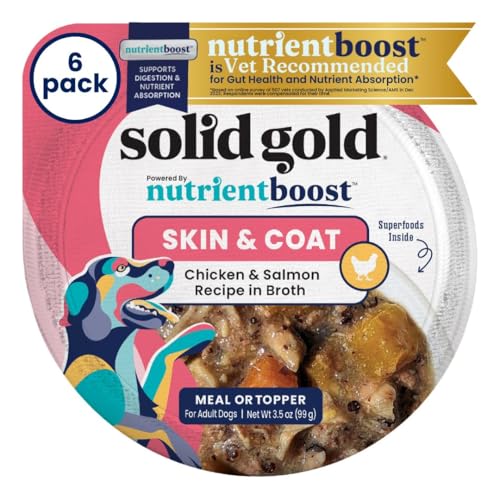 Solid Gold Wet Dog Food Topper & Meal Cups - for Adult & Senior Small Breed & Large Breed Dogs - W/Salmon, Chicken & Superfoods for Sensitive Stomachs, Gut Health & Skin & Coat Support - 3.5oz/6 Pack